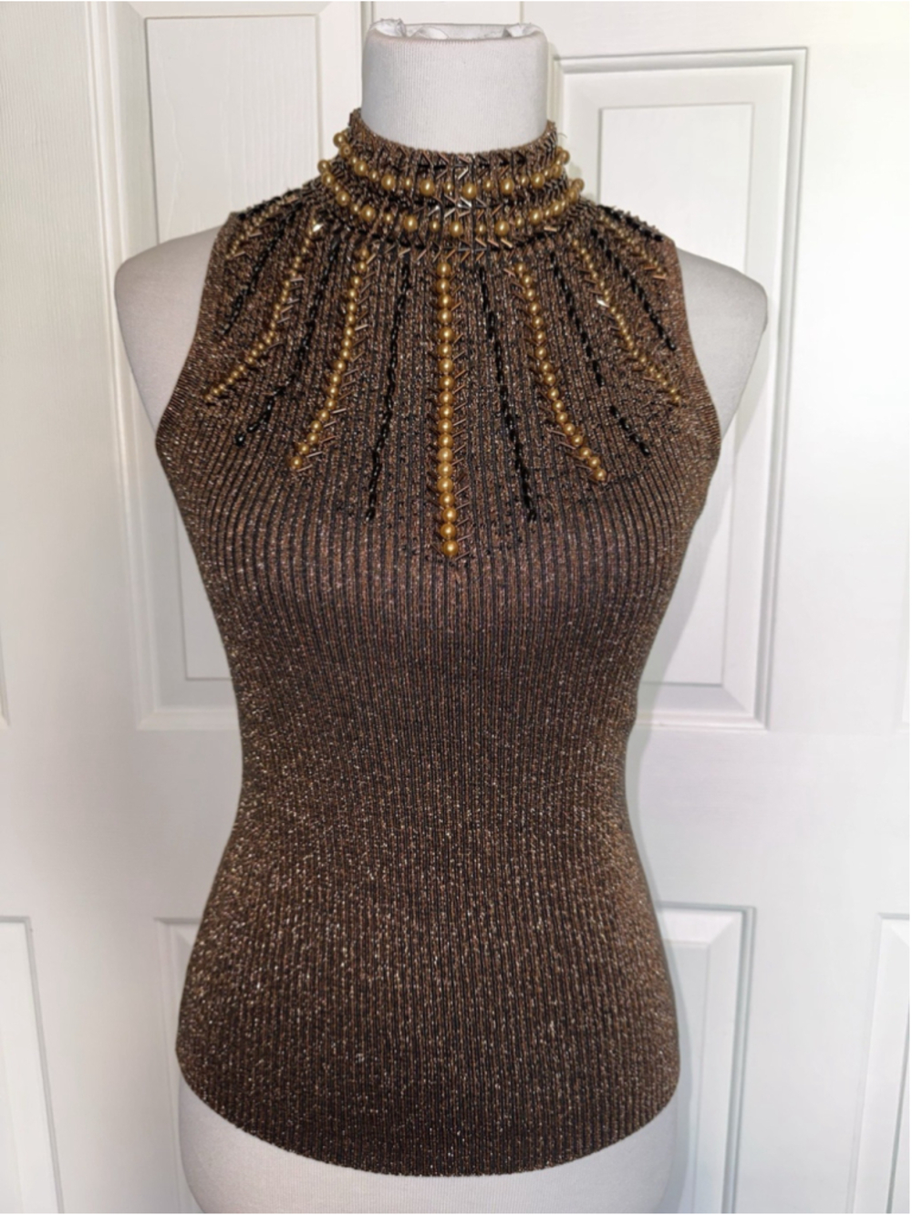 Vintage Cache Y2K Silk Blend Metallic Beaded Mock Neck Top M Party Going Out